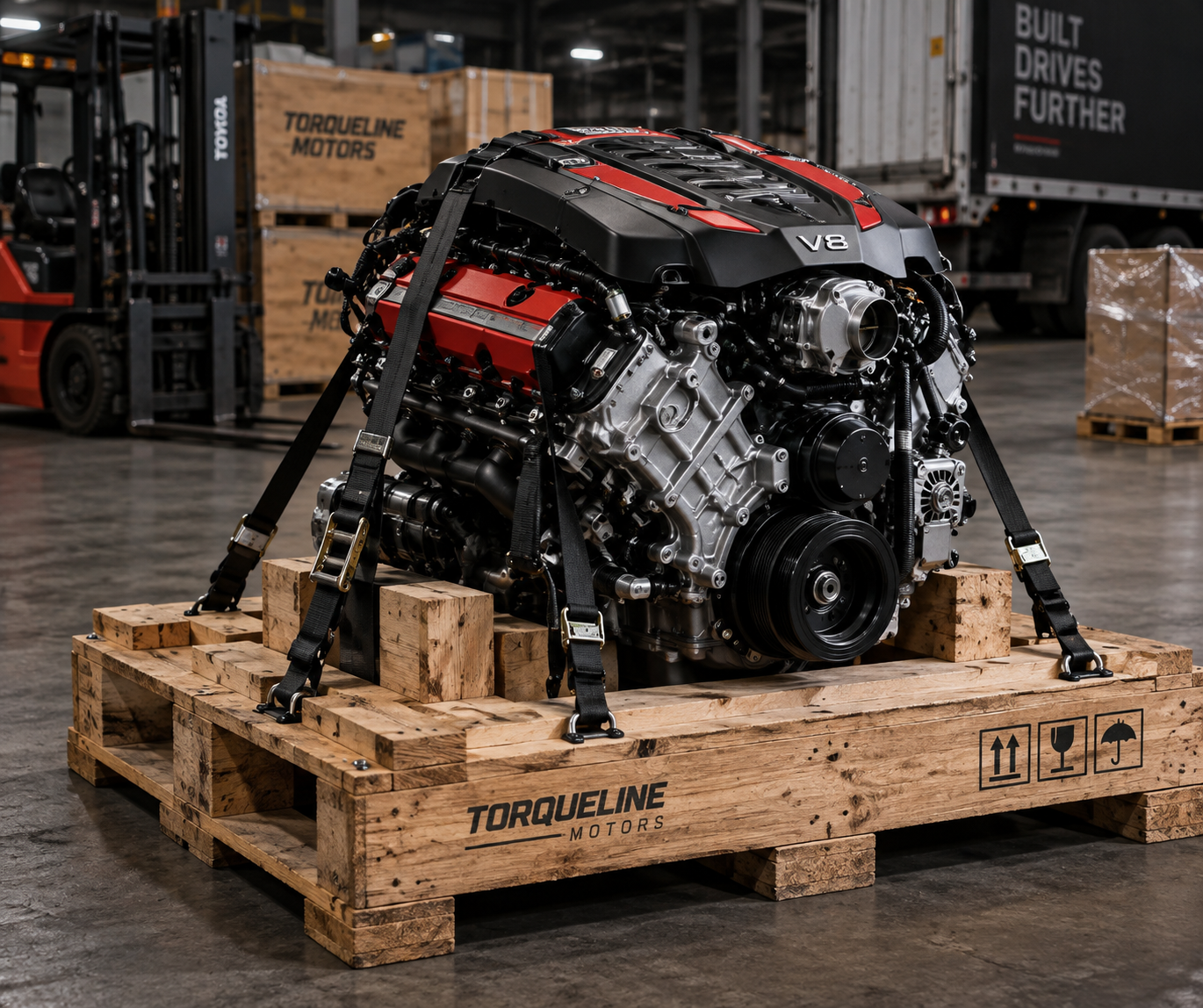 Automotive engine prepared for freight shipping